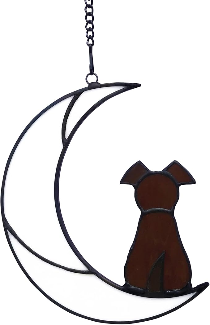 Stained Glass Window Hangings Pet Dog Memorial Gifts for Dog Lovers, A Brown Dog Decor on Moon Suncatchers, Loss of Dog Sympathy Gift, Dog Remembrance Gifts in Memory of Dog(Brown)