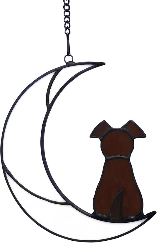Stained Glass Window Hangings Pet Dog Memorial Gifts for Dog Lovers, A Brown Dog Decor on Moon Suncatchers, Loss of Dog Sympathy Gift, Dog Remembrance Gifts in Memory of Dog(Brown)