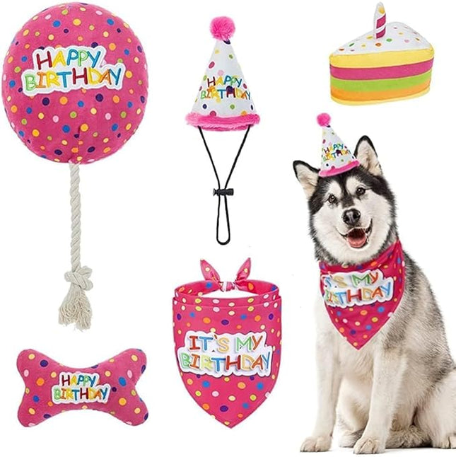 BINGPET Dog Birthday Bandana Set with Cake and Balloon,Dog Birthday Party Supplies for Boys and Girls,Puppy Chew Toys Gift for Large and Extra Large Dogs Pets - Pink