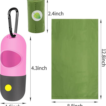 2 Pack Dog Poop Bag Dispenser with Built-in LED Flashlight, Pet Waste Bag Holder for Leash with Carabiner Clip for Lead Leash, 2 Rolls Leak-proof Doggy Waste Bags for Dog Walking, Pink, Eliamo