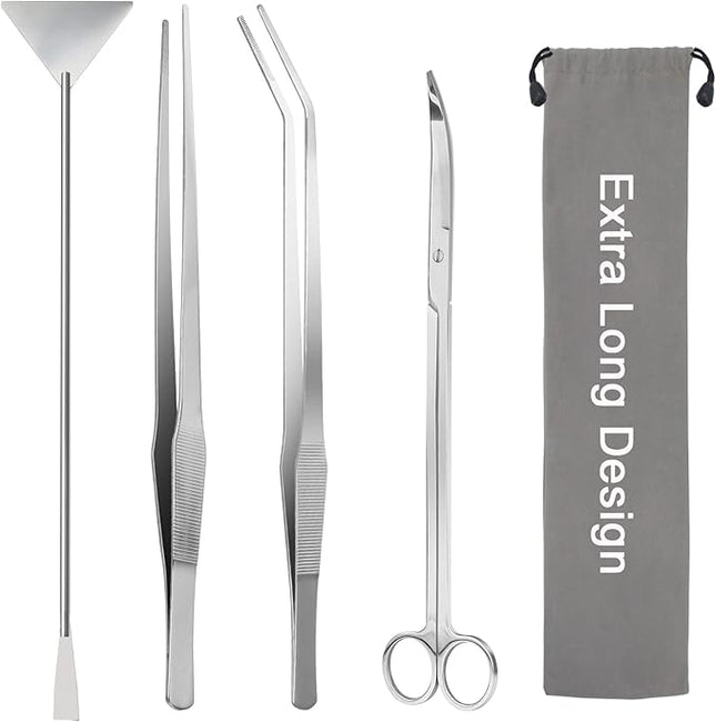 Aquarium Aquascape Tools Kit 15in, 4 in 1 Anti-Rust Aquatic Plant Aquascaping Tool Stainless Steel Tweezers Scissor Spatula for Aquarium Tank Clean Fish Tank Aquascape Accessories Set(Silver)