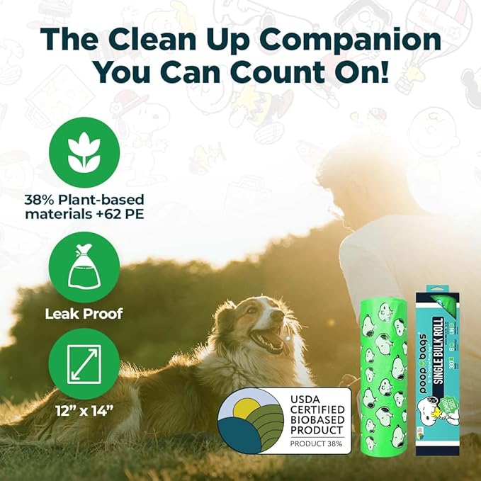 The Original Poop Bags® Peanuts XL Bulk Rolls, 600 Jumbo Dog Waste Bags, 38% Plant-Based, Unscented, Leak-Proof & Extra Thick, 2 Rolls