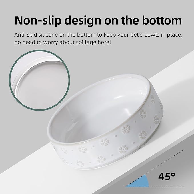 6.1inch Ceramic Raised Double Bowls Set with Acacia Wood Stand, 2 Heights Elevated, Food & Water Bowls for Toy Breed Dogs, Kitty, Cats, Pet Bowl(13.5OZ, Arctic White)