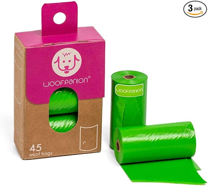 Woofpanion Improved Dog Poop Bags - Extra Strong Leak Proof Waste Bags Made from Recycled Plastic Unscented Refill Rolls for Easy Cleanup 3 rolls | 45 bags