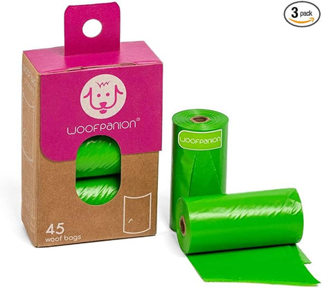 Woofpanion Improved Dog Poop Bags - Extra Strong Leak Proof Waste Bags Made from Recycled Plastic Unscented Refill Rolls for Easy Cleanup 3 rolls | 45 bags