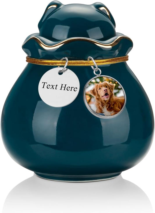 SOITIS Engraving Pet Memorial Urn for Cat or Dog Ashes - 3.54"x3.15" Elegant Ceramic Keepsake Holder with Cat-Shaped Lid & Gold Trim, Small Green Urn for Pet Ashes