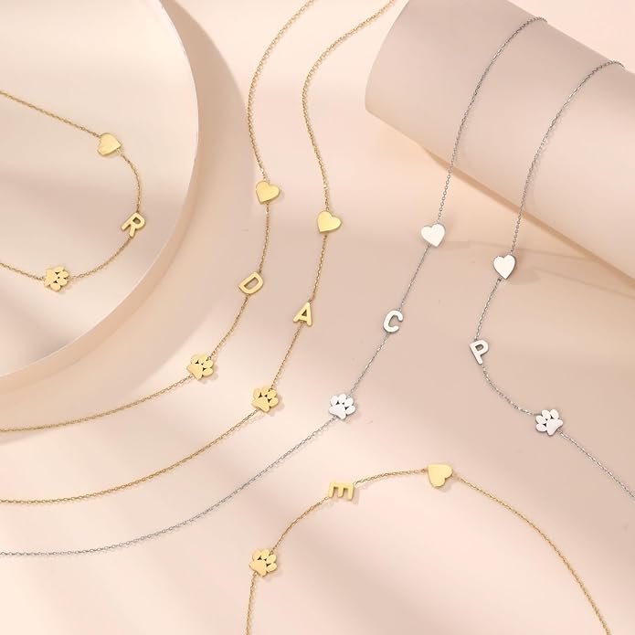 Personalized Sideways Paw Print and Initial Necklace, Dog Cat Mom Gift Pet Memorial Gifts Mothers Day for Women