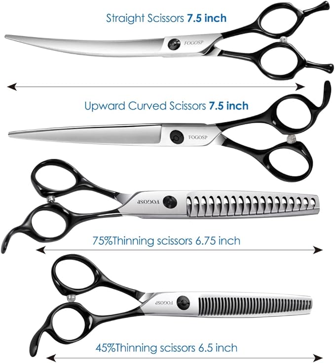 Professional 7.5" Dog Grooming Scissors Kit 4pcs, JP 440C Stainless Steel Curved Blender Straight Chunker Shears for Dog Cat and Pets (7.5 in Kit, Black)