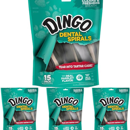 Dingo Tartar and Breath Dental Spirals for All Dogs, 15-Count (Pack of 4)