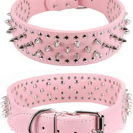 Hoot PU Leather Adjustable Spiked Studded Dog Collar 2" Wide 37 Spikes (M(Neck 19"-22"), Pink)