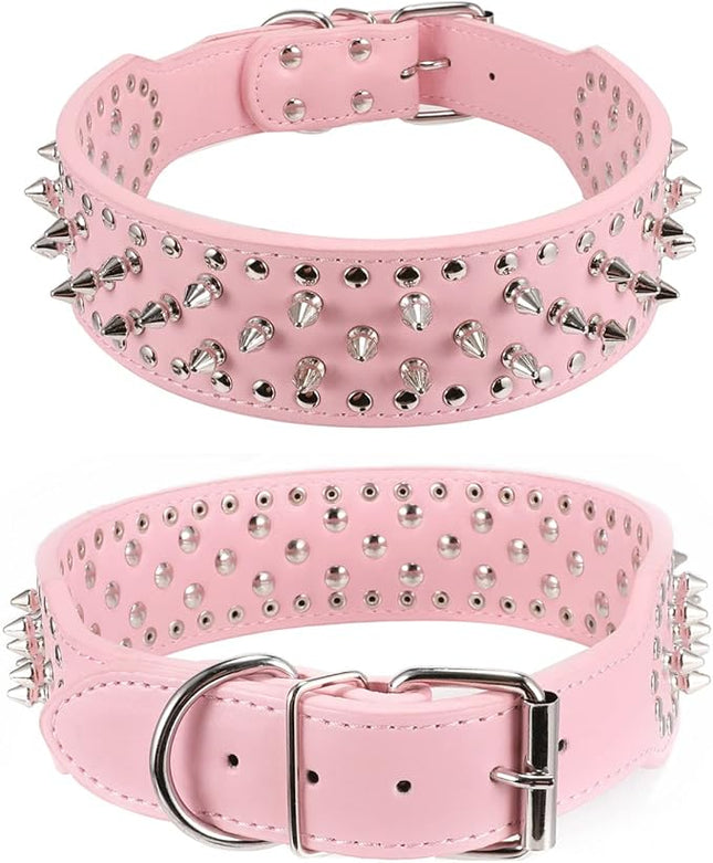 Hoot PU Leather Adjustable Spiked Studded Dog Collar 2" Wide 25 Spikes (XS(Neck 15"-18"), Pink)