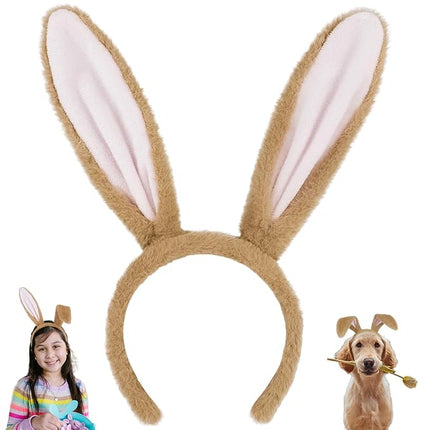Beviliu Bunny Ears Headband Easter, Rabbit Ear Animal Hairband for Adult, Fluffy Headwear Brown for Halloween Christmas Costume Theme Cosplay Party Birthday