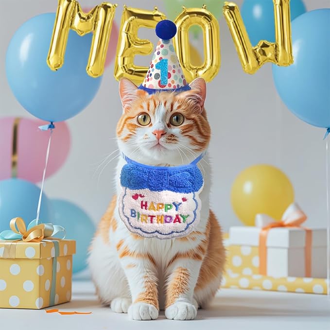 Cat Birthday Hat Decoration & Outfit Set - Adjustable Party Hat with Numbers, Bandana Bow Tie & Balloon Supplies for Cat Costume Photo Shoots(Blue/Pink) (Blue)