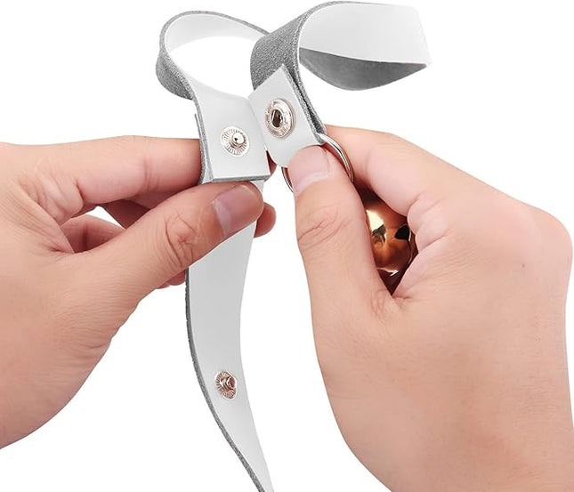 Leather Dog Doorbells for Door Knob/Potty Training/Go Outside, Length Adjustment Copper Dog Bell, Housetraining Hanging Bell, White Leather Silver Bells - 2 Pack