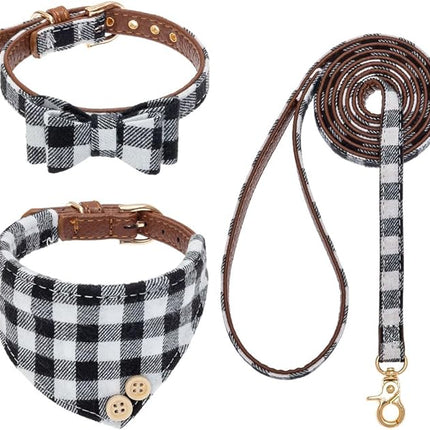EXPAWLORER Dog Collar and Leash Set - Classic Plaid Dog Bow Tie and Dog Bandana Collar, Dog Leash Tangle Free, Adjustable Collars for Medium Dogs, Holiday Ideal Gift, M