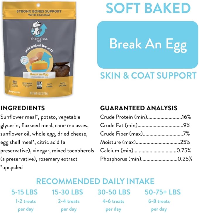 Shameless Pets Soft-Baked Dog Treats, Break an Egg - Natural & Healthy Dog Chews for Strong Bones Support with Calcium - Dog Biscuits Baked & Made in USA, Free from Grain, Corn & Soy - 1-Pack