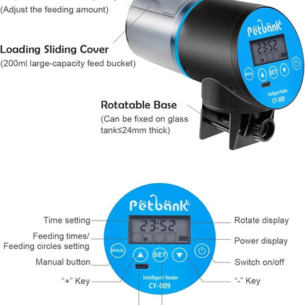 Automatic Fish Feeder for Aquarium - Rechargeable Fish Food Auto Dispenser Vacation Turtle Feeder with USB Charger Cable，LCD Screen, Customized Schedule (Blue)