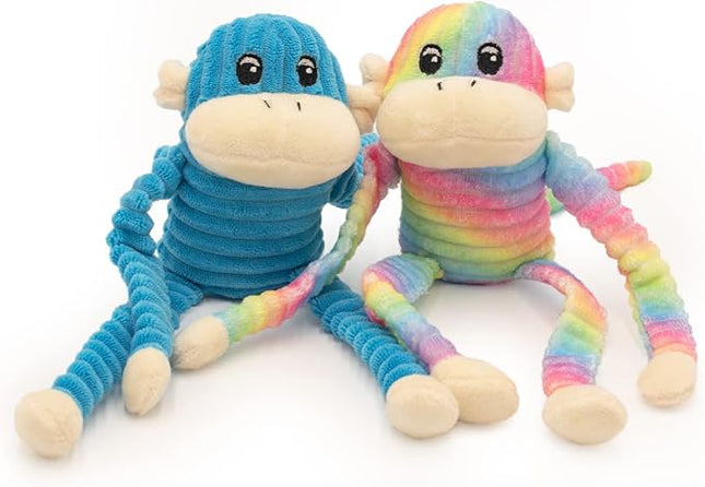 ZippyPaws Crinkle Monkey - Interactive Dog Toys to Keep Them Busy, Squeaky Plush Pet Toy for All Breeds, for Small and Medium Dogs, Contains Round Squeakers - Rainbow & Blue 2-Pack, Small