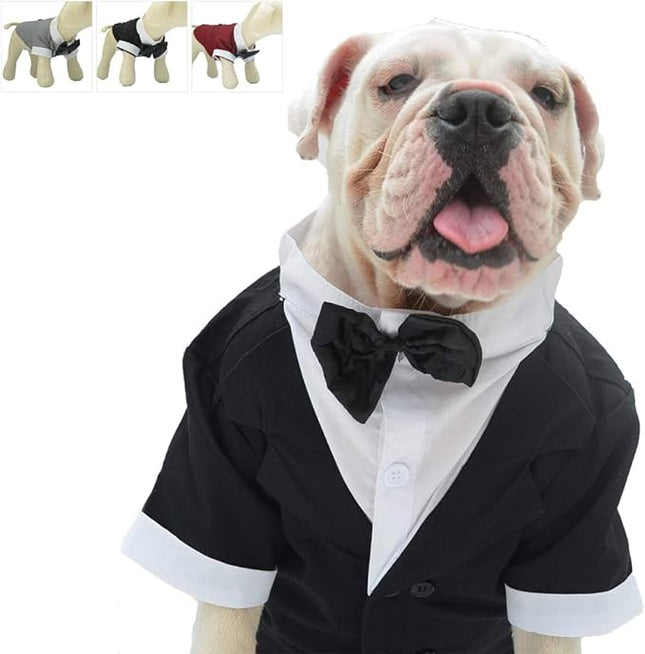Lovelonglong Bulldog Costume Dog Suit Formal Tuxedo with Black Bow Tie Wedding Clothes for Pugs/French Bulldog/English Bulldog/American Pit Bull Black B-L