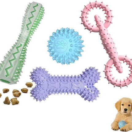 4 Pack Puppy Toys for 2-8 Months Pets Dog Chew Toy for Small Puppies Teething Toys for Cleaning Teeth Food Dispensing Soft Durable Rubber Bone Funny Ball Interactive Donut Treat Dumbbell (Mix Color)