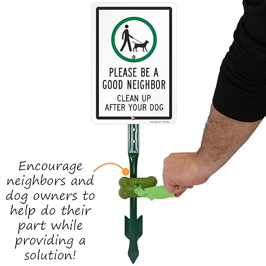 SmartSign Be A Good Neighbor Clean Up After Your Dog Yard Sign & Clip-On Preloaded Dispenser Combo/Kit with 135 Dog Poop Waste Bags, 7"x10" Rust-proof Aluminum Sign with 18-inch Steel Stake