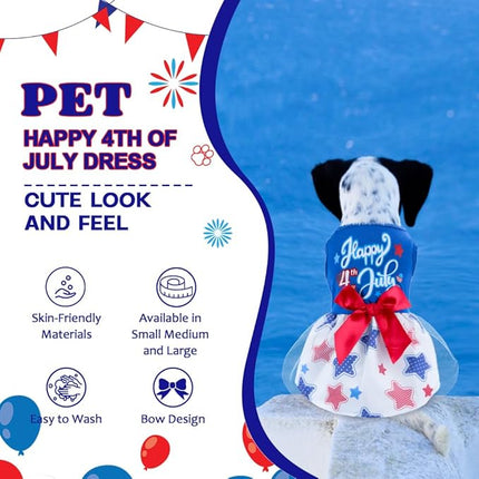 Happy 4th of July Dog Outfit Patriotic Dog Tulle Dress with Red Bowknot Independent Day Dogs Pet Doggie Apparel Clothes for Small Dogs Puppy Cats Girl