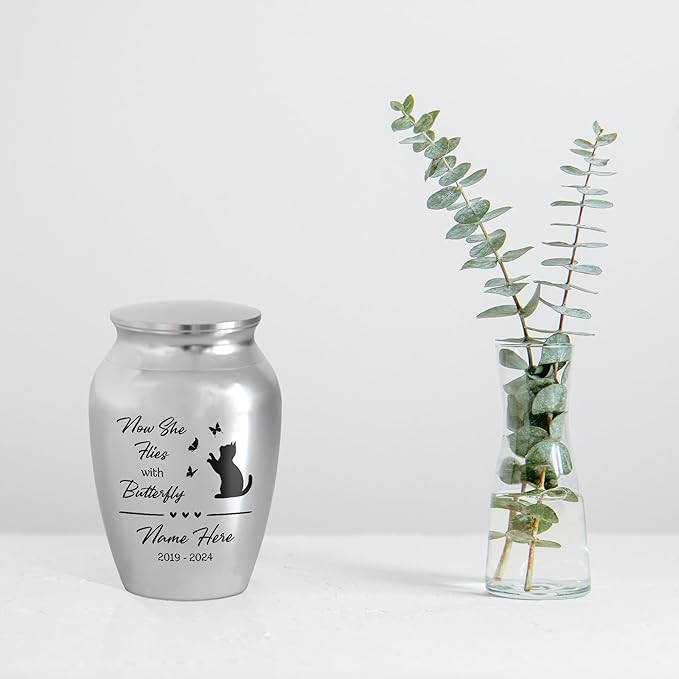 Artsy Woodsy Personalized Pet Memorial Mini Urns - Stainless Steel Decorative Keepsake Urns for Ashes, 2.56 inch, Gifts for Cat Lovers in Loving Memory