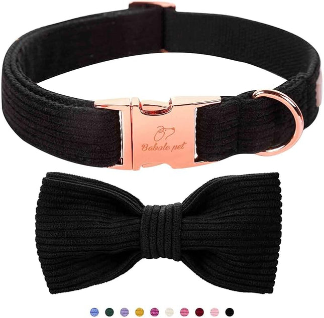 Black Dog Collars for Medium Dog,Cute Corduroy Dog Collar with Bow Tie Safety Metal Buckle Adjustable Puppy Collars for Small Medium Large Boy&Girl Dogs,M-Neck 13.5"-22"