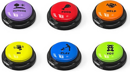 6 Pcs Dog Buttons for Communication Pet Training Buzzer, 30 Second Voice Recording Button, Dog Talking Button Set with 6 Color Anti-Slip Mat and 48 Scene Stickers