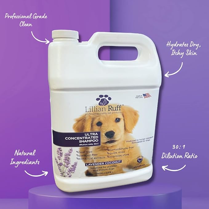 Lillian Ruff PRO Formula Ultra Concentrated Dog Shampoo – Makes 4 Gallons/30 Bottles, 30:1 Dilution, Professional Pet Shampoo for Sensitive Skin | Deodorizing & pH-Balanced Made in USA Gallon+Pump