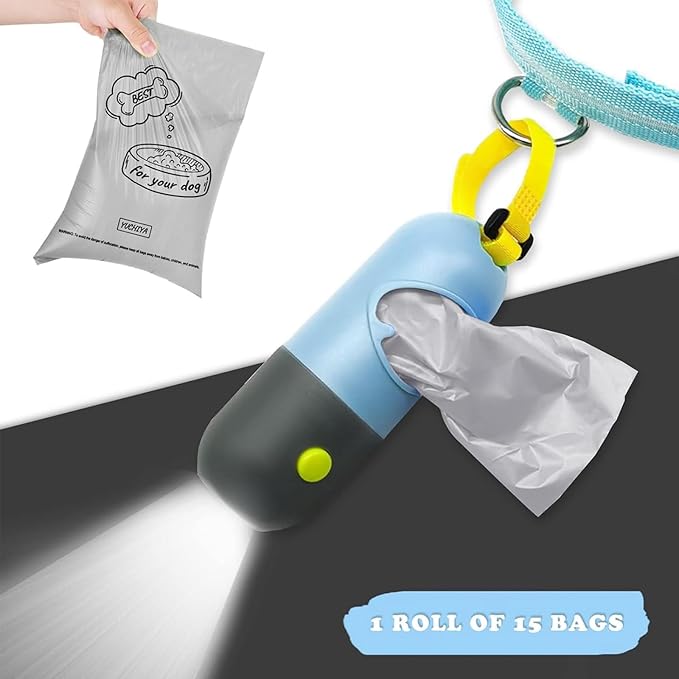 Dog Poop Bags Holder with LED Flashlight, Sky Blue, 15 Bags, 3 Accessories