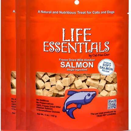 LIFE ESSENTIALS BY CAT-MAN-DOO All Natural Freeze Dried Wild Alaskan Salmon Treats for Cats & Dogs - Single Ingredient No Grain Snack with No Additives or Preservatives, 5 Ounce Bag - 3 Pack