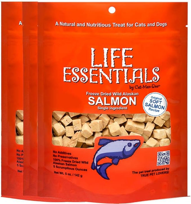 LIFE ESSENTIALS BY CAT-MAN-DOO All Natural Freeze Dried Wild Alaskan Salmon Treats for Cats & Dogs - Single Ingredient No Grain Snack with No Additives or Preservatives, 5 Ounce Bag - 3 Pack