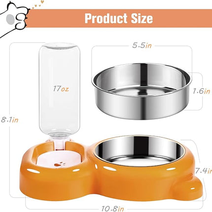 Dog Bowls, Cat Food and Water Bowl Set with Water Dispenser and Stainless Steel Bowl for Cats and Small Dogs - Orange