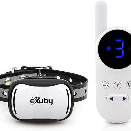 eXuby - Tiny Shock Collar for Small Dogs 5-15lbs - Smallest Collar on The Market - Sound, Vibration, & Shock - 9 Intensity Levels - Pocket-Size Remote - Long Battery Life - Water-Resistant - White