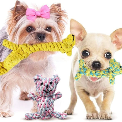 SunGrow Cotton Rope Knot Puppy & Ferret Toys, Tough Teething Chewable Teddy Bear, Giraffe, and Dog, Handwoven for Small Breeds Dog, for Teeth and Gums, Multicolor, 3 Pieces per Pack