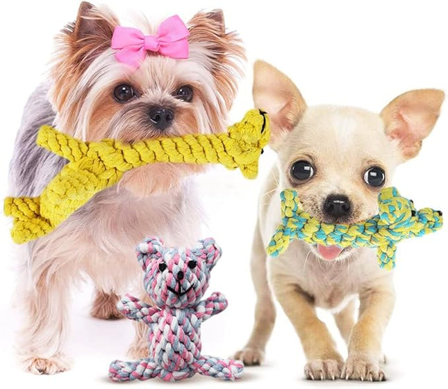 SunGrow Cotton Rope Knot Puppy & Ferret Toys, Tough Teething Chewable Teddy Bear, Giraffe, and Dog, Handwoven for Small Breeds Dog, for Teeth and Gums, Multicolor, 3 Pieces per Pack