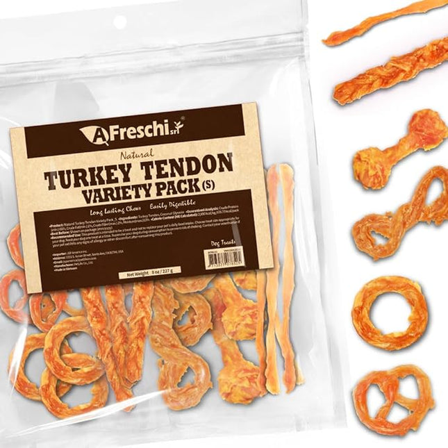 A Freschi srl Turkey Tendons for Dogs, USA-Sourced, Healthy Dog Treats, Rawhide-Free Puppy Chews, Long Lasting, All Natural, Hypoallergenic Dog Treats for Small Breeds, 8 oz Pack Variety (S)