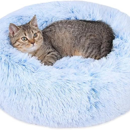 Cat Beds for Indoor Cats - Cat Bed Washable 20/24 inches, Dog Beds for Small Medium Dogs, Anti Anxiety Round Fluffy Plush Faux Fur Cat Bed, Thick Bottom (Cornflower Blue, Medium)
