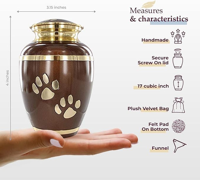 Trupoint Memorials Small Pet Urn for Dogs and Cats Ashes, Paws Print Brown Cremation Urns for Pets up to 17 lbs