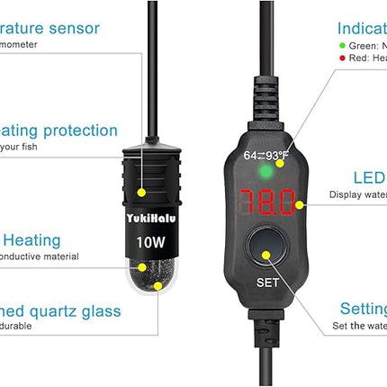 YukiHalu USB Powered Aquarium Heater, 10W Adjustable Mini Fish Tank Heater with External Temperature Controller, LED Display, Used for 0.5-1 Gallon Tank (10W USB Adapter)