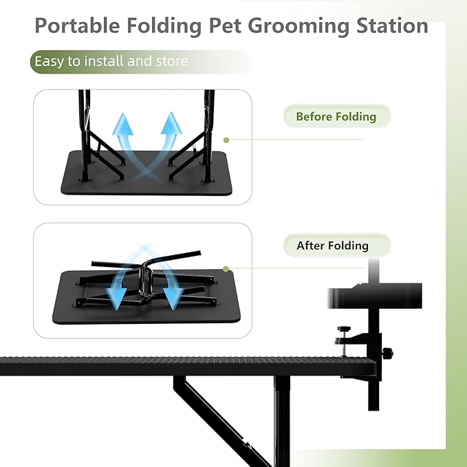 VFK 36''/47''Large Dog Grooming Table, Foldable Pet Station at Home, Dog Grooming Table,Adjustable Cat Drying Desktop with Arms, Nooses, Mesh Tray (Basic pet Table, 47" Black)