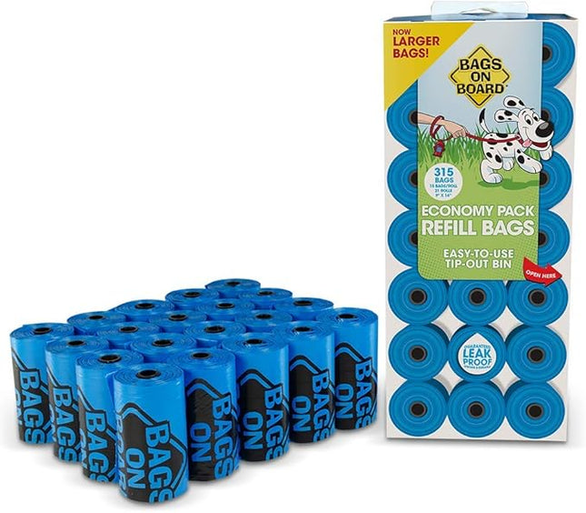 Bag On Board Dog Poop Bags | Strong, Leak Proof Dog Waste Bags | 9 x14 Inches, 315 Blue Bags (Pack of 6)