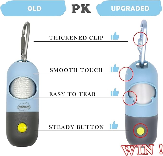 Dog Poop Bags Holder with LED Flashlight, Sky Blue, 15 Bags, 3 Accessories