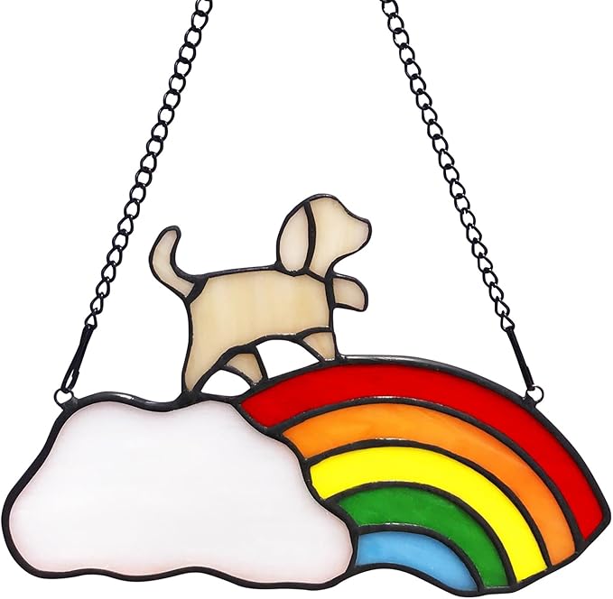 Stained Glass Rainbow Bridge Pet Memorial Gifts for Dogs,Yellow Dog Memorial Gifts for Loss of Dog,Suncather for Window Hanging,in Memory of Dog Passing Away Gifts,Loss of Dog Sympathy Gift