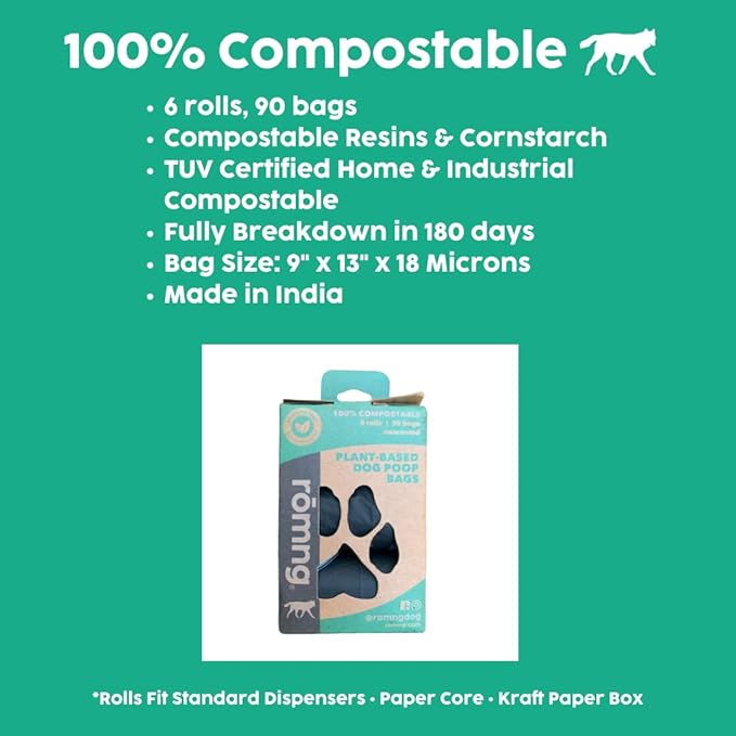 Compostable Dog Poop Bags, Plant-Based, TUV Certified, Unscented, Leak-Proof, 6 Rolls, 90 Bags, Black