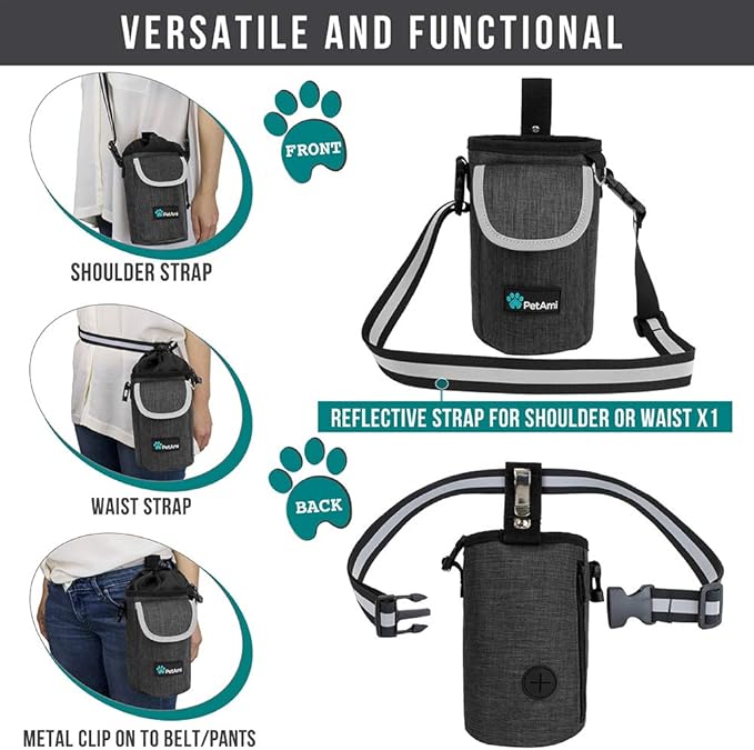 PetAmi Dog Treat Pouch, Large Pet Training Treat Pouch with Pocket, Dog Trainer Essentials Supply Holder with Poop Bag Dispenser, Training Bag for Kibbles Toys, 3 Ways to Wear (Charcoal)