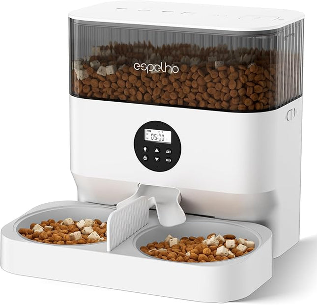 Espelho Automatic Cat Feeder - 5L Timed Cat Food Dispenser 2 Cats with 2 Way Splitter, Easy to Set Up and Clean, 10s Voice Programmable Portion Control Pet Feeder with Desiccant Bag for Cats & Dogs
