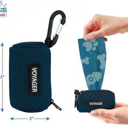 Best Pet Supplies Dog Poop Bag Holder Leash Attachment with 15 Bags, Blue, Reusable Mesh Dispenser Pouch for Travel, Walking, Park, and Outdoor Use, Soft and Durable with Clip-On