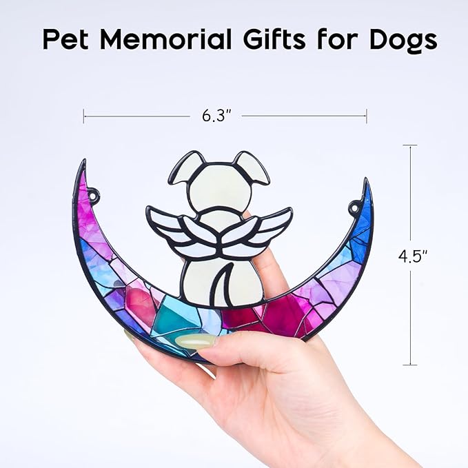Stained Glass Angle Dog Memorial Suncatcher for Loss of Dog Sympathy Gifts, Dog Memorial Gifts with Sympathy Card, Dog Remembrance Gifts for Pet Lovers, Dog on Moon Ornaments for Window Hanging